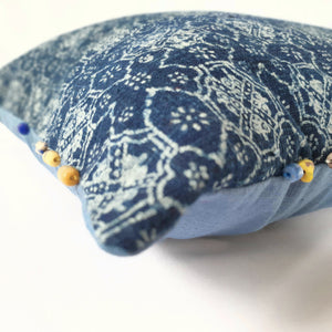 close up of indigo cushion